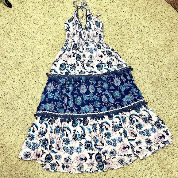 Raga Waiola Halter Maxi Dress Size small Floral Tiered Tassel Smocked V-Neck - Picture 5 of 9